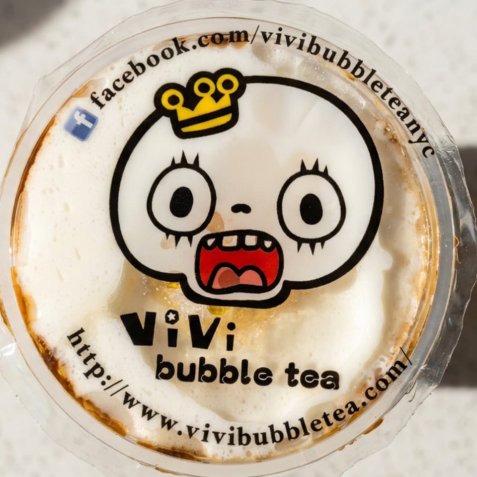 Close-up of a Vivi bubble tea cup lid featuring a crowned cartoon character and printed website and Facebook details.