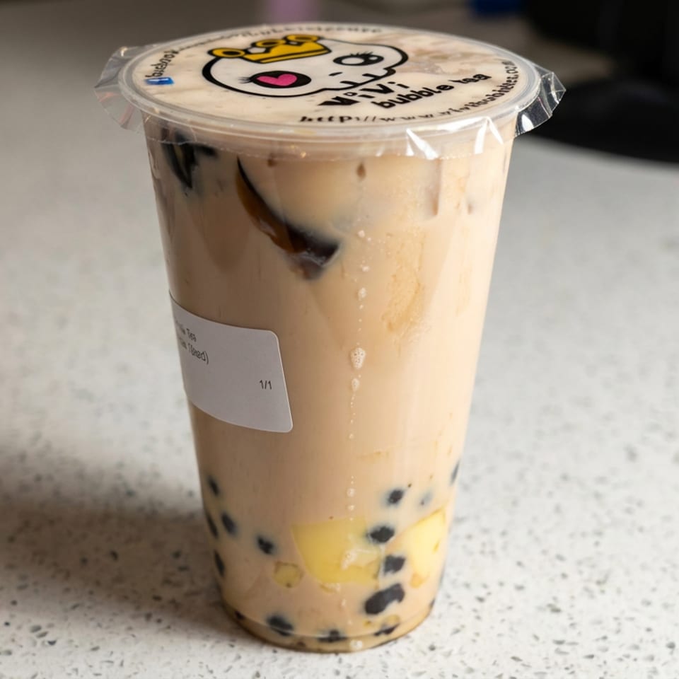 Sealed plastic cup of creamy milk tea with black tapioca pearls and yellow fruit pieces on a speckled countertop.
