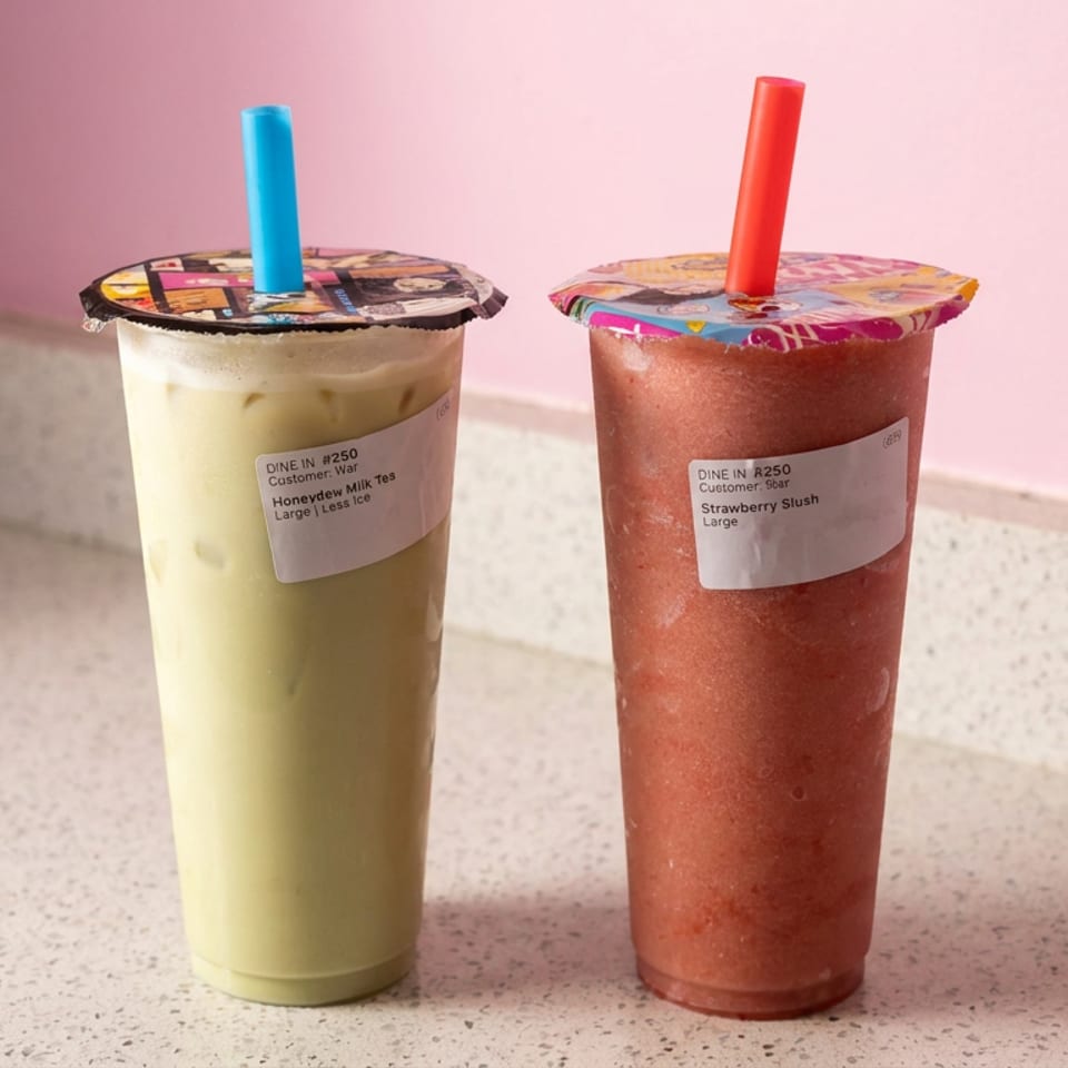 Two tall takeaway drinks, honeydew milk tea and strawberry slush, stand on a speckled counter against a pink wall.