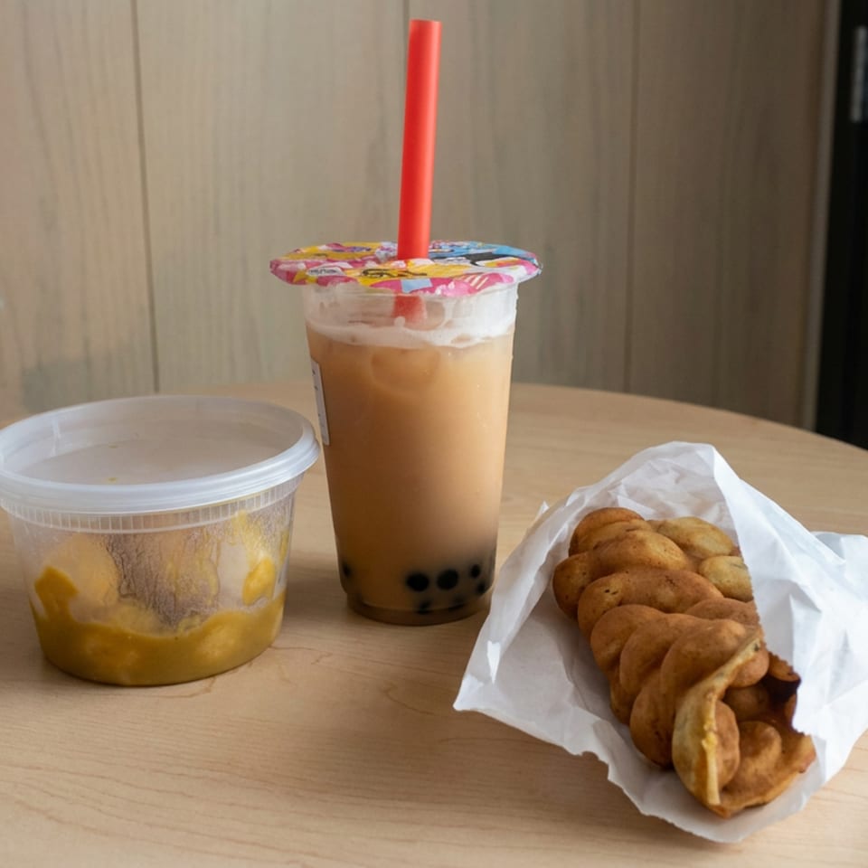 Iced bubble tea with colorful sealed lid, mango container, and fried pastries on a wooden table.