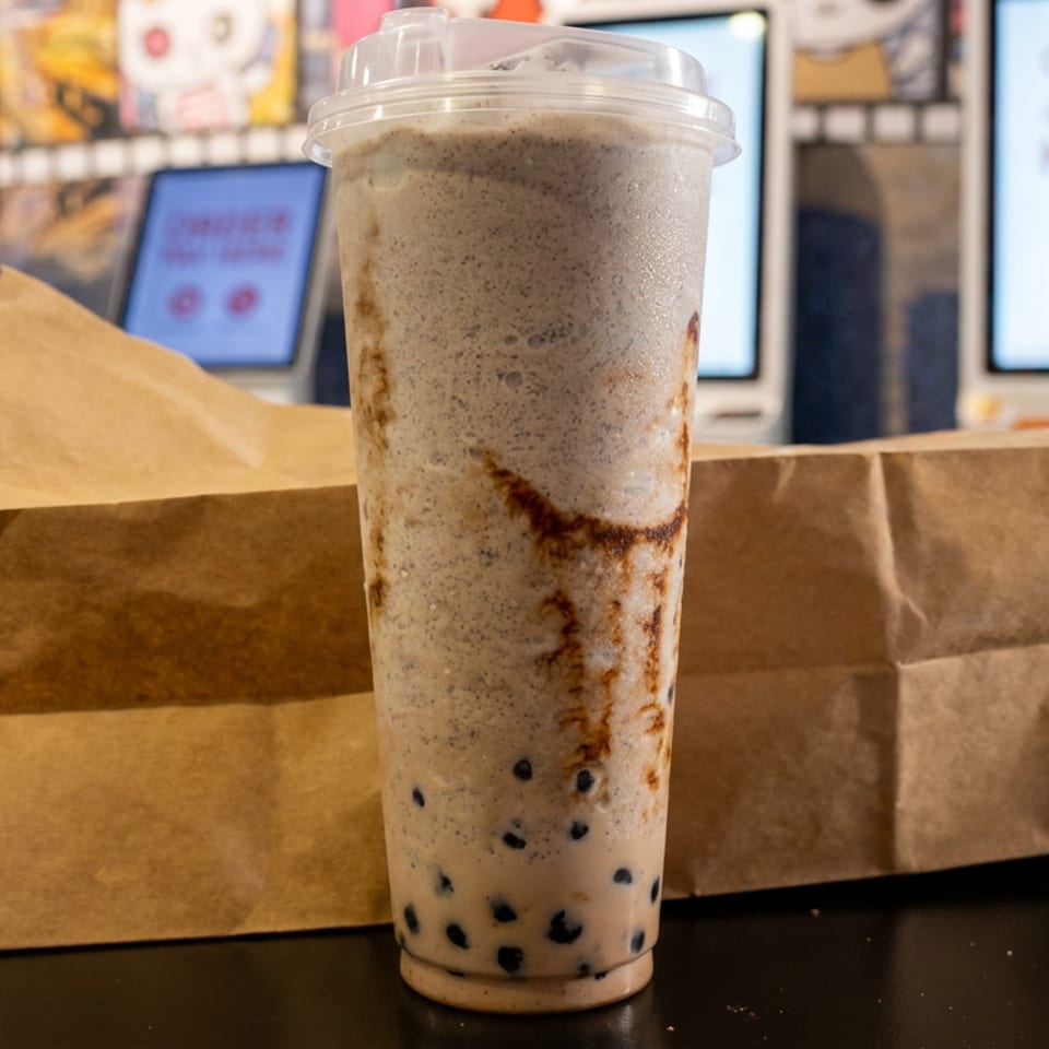 Iced milk tea with tapioca pearls in a clear cup beside a brown takeout bag on a restaurant table.